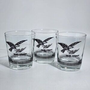 Miller Malt Liquor Lowball Glass Tumblers With American Eagle Design Set Of 3 VT